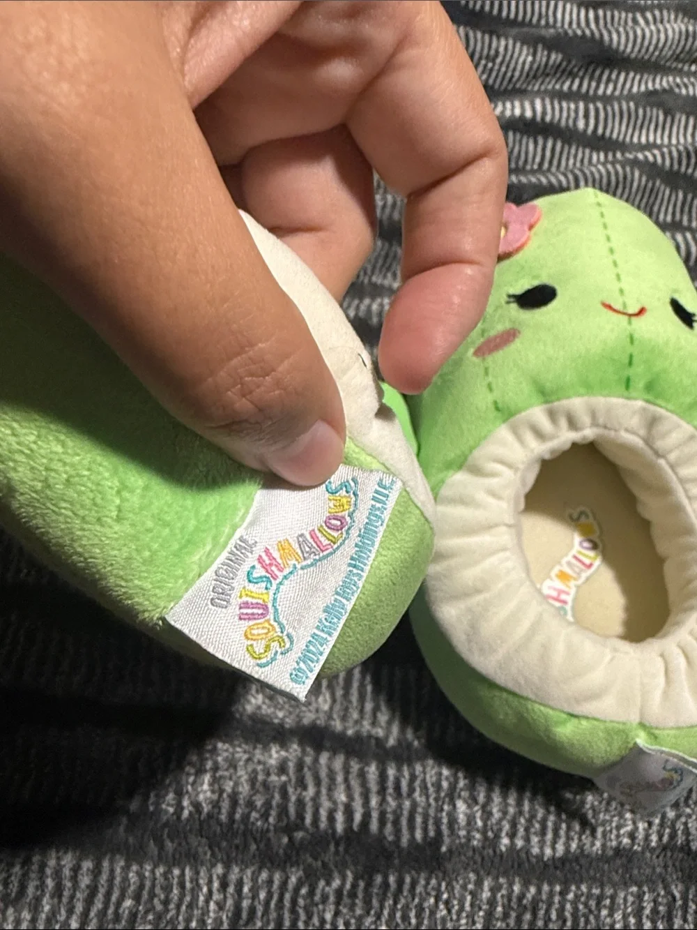 Squishmallows Green Avocado Plush Kids Slippers with Pink Flower